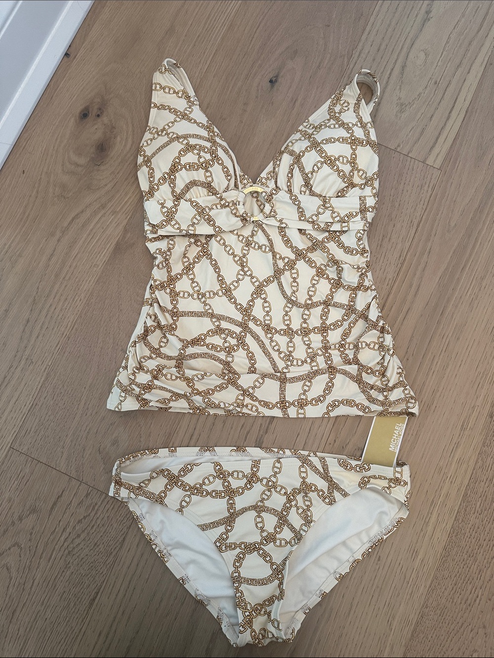 Michael Kors Cream and Gold Chain Print Tankini Bikini Set
